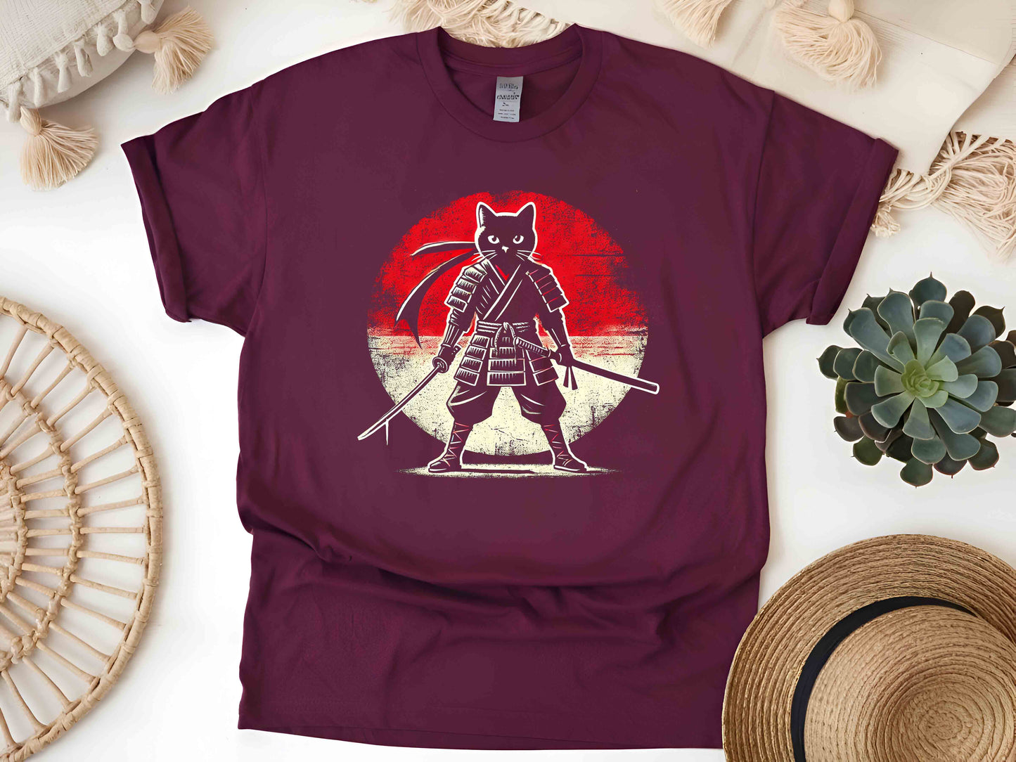 Samurai Cat T-Shirt – Japanese Art Nouveau Graphic Tee, Ukiyo-e Style Feline Warrior Design