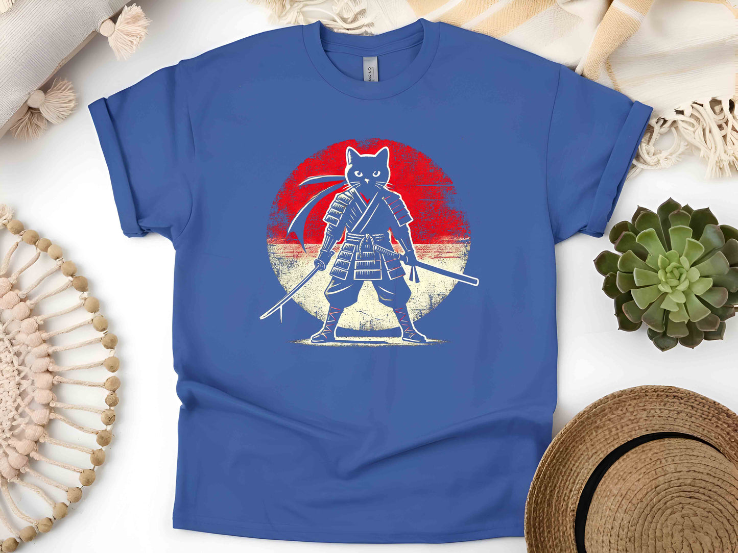 Samurai Cat T-Shirt – Japanese Art Nouveau Graphic Tee, Ukiyo-e Style Feline Warrior Design