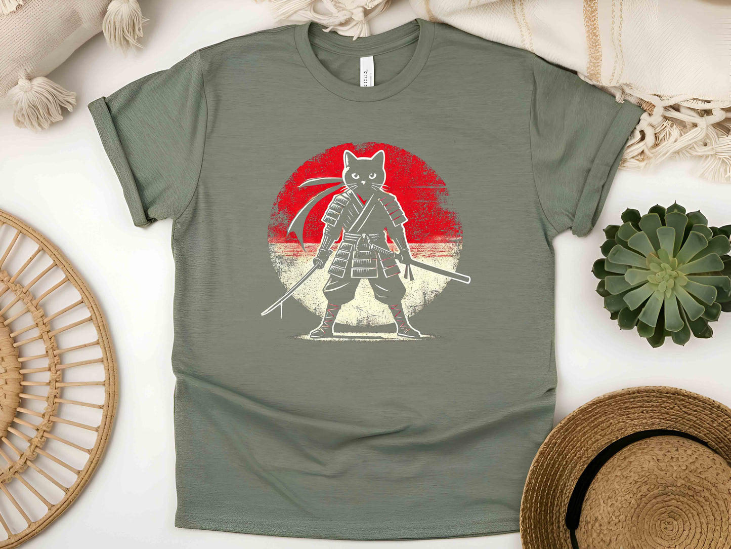 Samurai Cat T-Shirt – Japanese Art Nouveau Graphic Tee, Ukiyo-e Style Feline Warrior Design