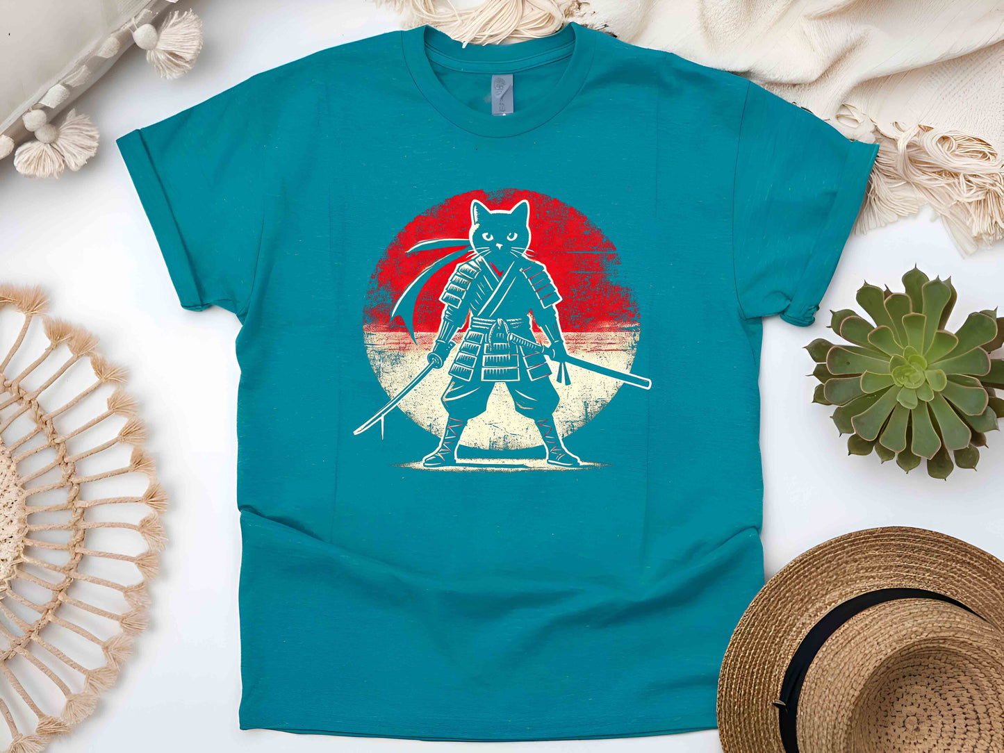 Samurai Cat T-Shirt – Japanese Art Nouveau Graphic Tee, Ukiyo-e Style Feline Warrior Design