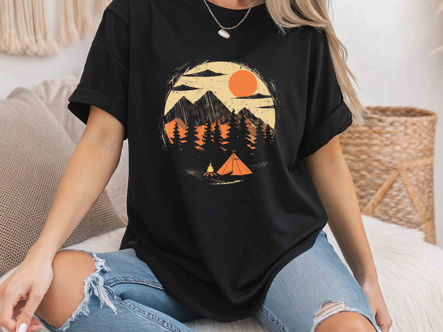 Adventure Awaits T-Shirt – Forest Sunset Wildlife Graphic Tee, Perfect Camping Gift for Nature Lovers