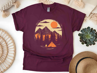 Adventure Awaits T-Shirt – Forest Sunset Wildlife Graphic Tee, Perfect Camping Gift for Nature Lovers