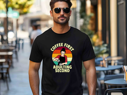 Coffee First, Adulting Second T-Shirt – Funny Vintage Housewife Graphic Tee, Sarcastic Humor Shirt, Perfect Gift for Her