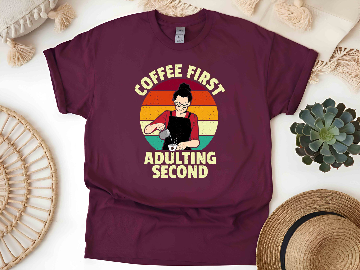 Coffee First, Adulting Second T-Shirt – Funny Vintage Housewife Graphic Tee, Sarcastic Humor Shirt, Perfect Gift for Her