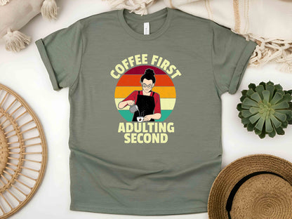 Coffee First, Adulting Second T-Shirt – Funny Vintage Housewife Graphic Tee, Sarcastic Humor Shirt, Perfect Gift for Her