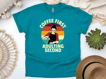 Coffee First, Adulting Second T-Shirt – Funny Vintage Housewife Graphic Tee, Sarcastic Humor Shirt, Perfect Gift for Her