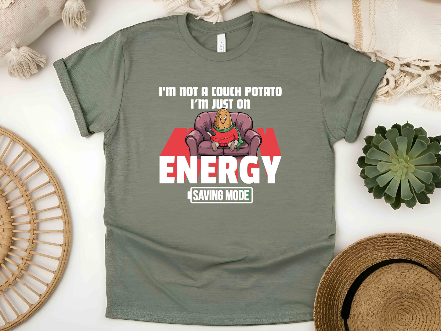 I'm Not a Couch Potato, I'm in Energy Saving Mode T-Shirt – Funny Humor Tee, Perfect Gift for Relaxation Enthusiasts