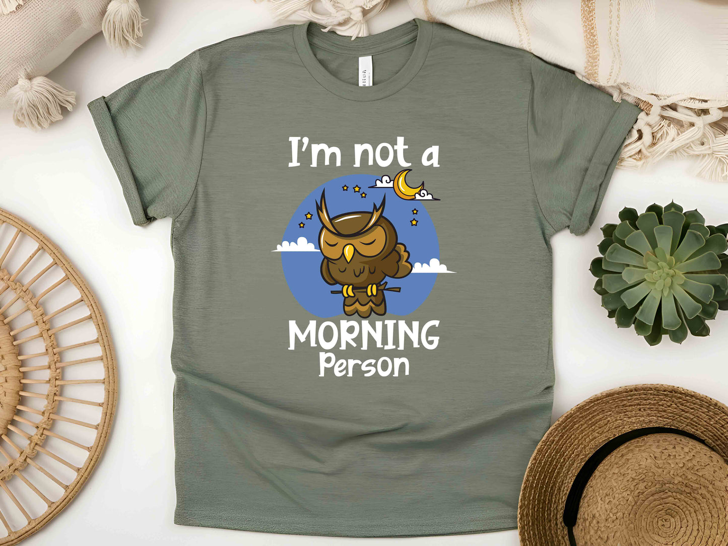 I'm Not a Morning Person T-Shirt – Funny Coffee Lover Tee with Humor Owl Art, Perfect Gift for Her