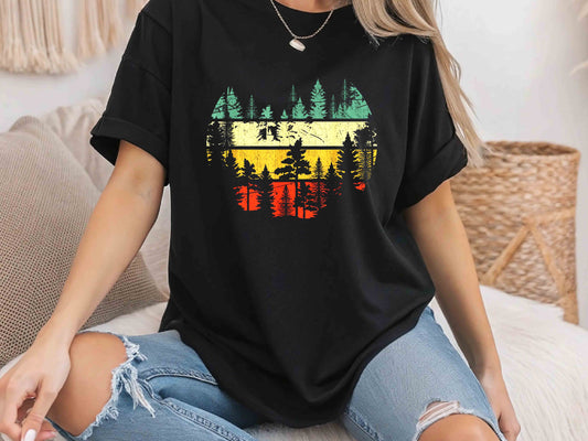 Vintage Retro Forest Sunset T-Shirt – World Wildlife Graphic Tee, Nature Lover Shirt, Outdoors Hiking Adventure Apparel, Woodland Scenery Design