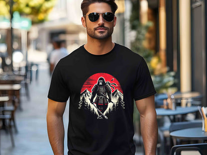 Samurai Gorilla Retro Forest T-Shirt – Vintage Japanese Art Style, Nature-Inspired Graphic Tee, Unisex Adventure Apparel, Unique Wildlife Design