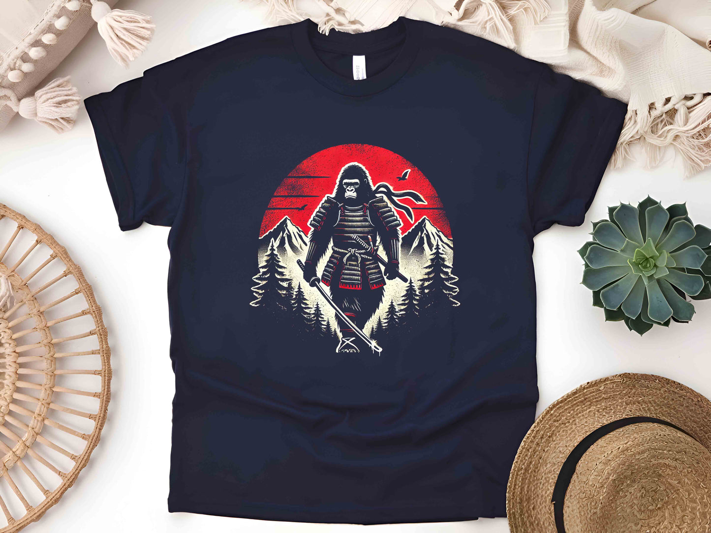 Samurai Gorilla Retro Forest T-Shirt – Vintage Japanese Art Style, Nature-Inspired Graphic Tee, Unisex Adventure Apparel, Unique Wildlife Design