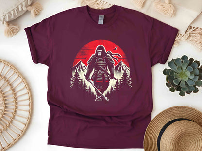 Samurai Gorilla Retro Forest T-Shirt – Vintage Japanese Art Style, Nature-Inspired Graphic Tee, Unisex Adventure Apparel, Unique Wildlife Design