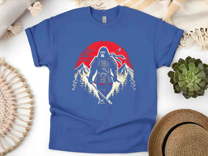 Samurai Gorilla Retro Forest T-Shirt – Vintage Japanese Art Style, Nature-Inspired Graphic Tee, Unisex Adventure Apparel, Unique Wildlife Design