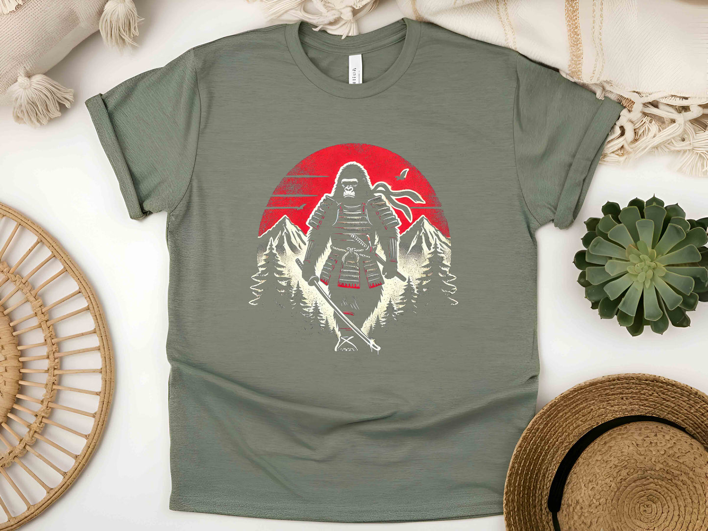 Samurai Gorilla Retro Forest T-Shirt – Vintage Japanese Art Style, Nature-Inspired Graphic Tee, Unisex Adventure Apparel, Unique Wildlife Design