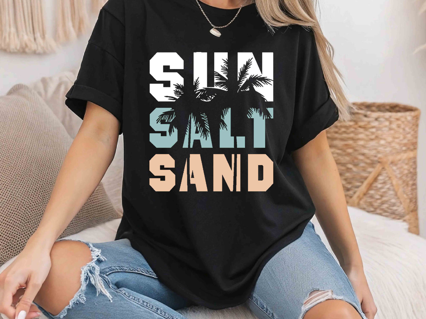 Sun Salt Sand Beach Shirt, Trendy Summer Vacation Tee, Coconut Tree Graphic, Women's Beachwear, Casual Summer Shirt