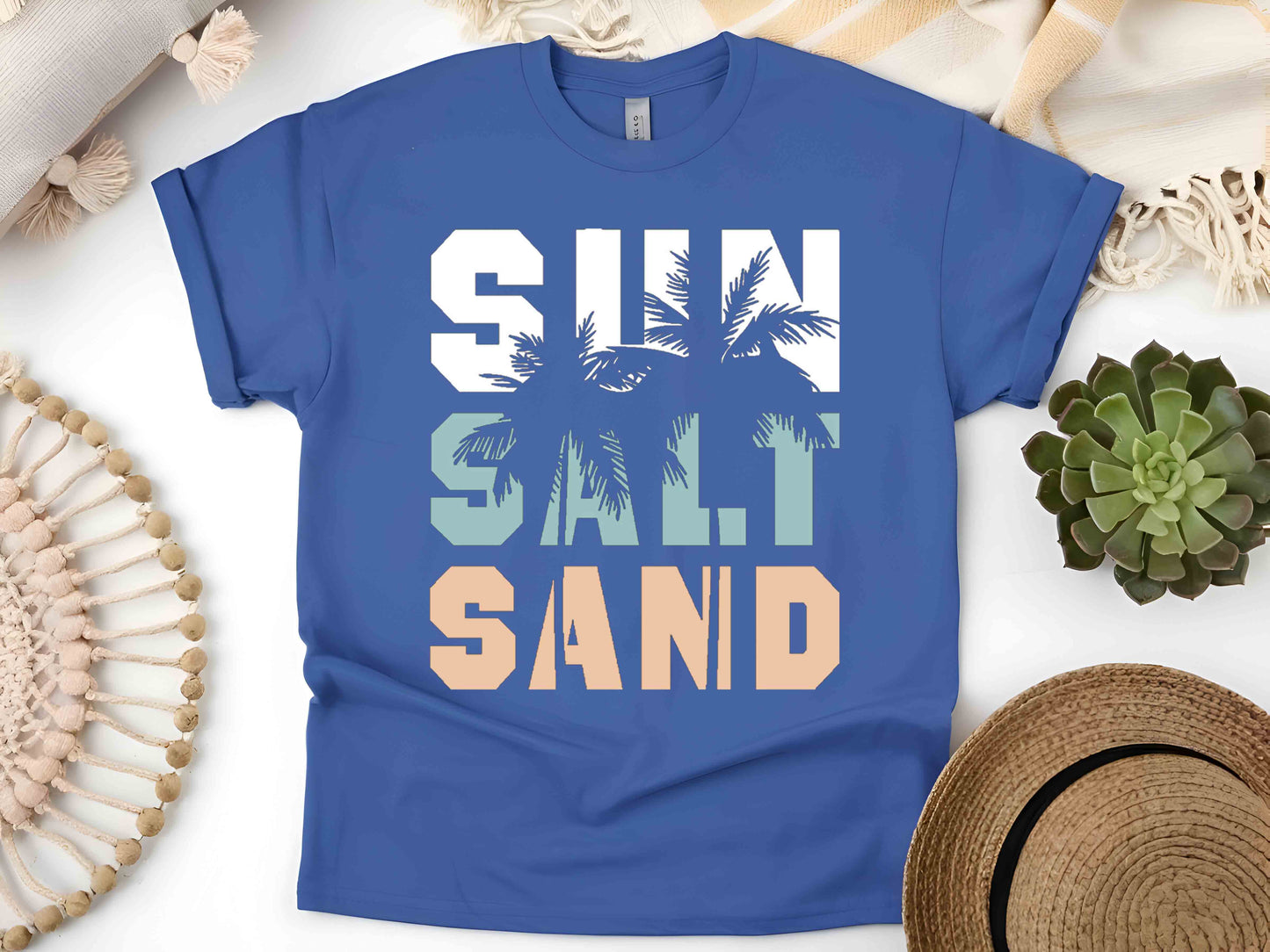 Sun Salt Sand Beach Shirt, Trendy Summer Vacation Tee, Coconut Tree Graphic, Women's Beachwear, Casual Summer Shirt