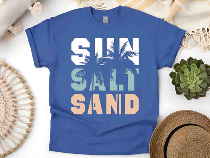 Sun Salt Sand Beach Shirt, Trendy Summer Vacation Tee, Coconut Tree Graphic, Women's Beachwear, Casual Summer Shirt