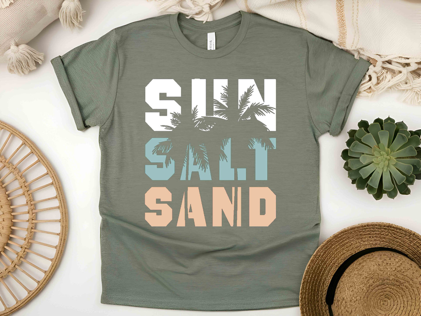 Sun Salt Sand Beach Shirt, Trendy Summer Vacation Tee, Coconut Tree Graphic, Women's Beachwear, Casual Summer Shirt