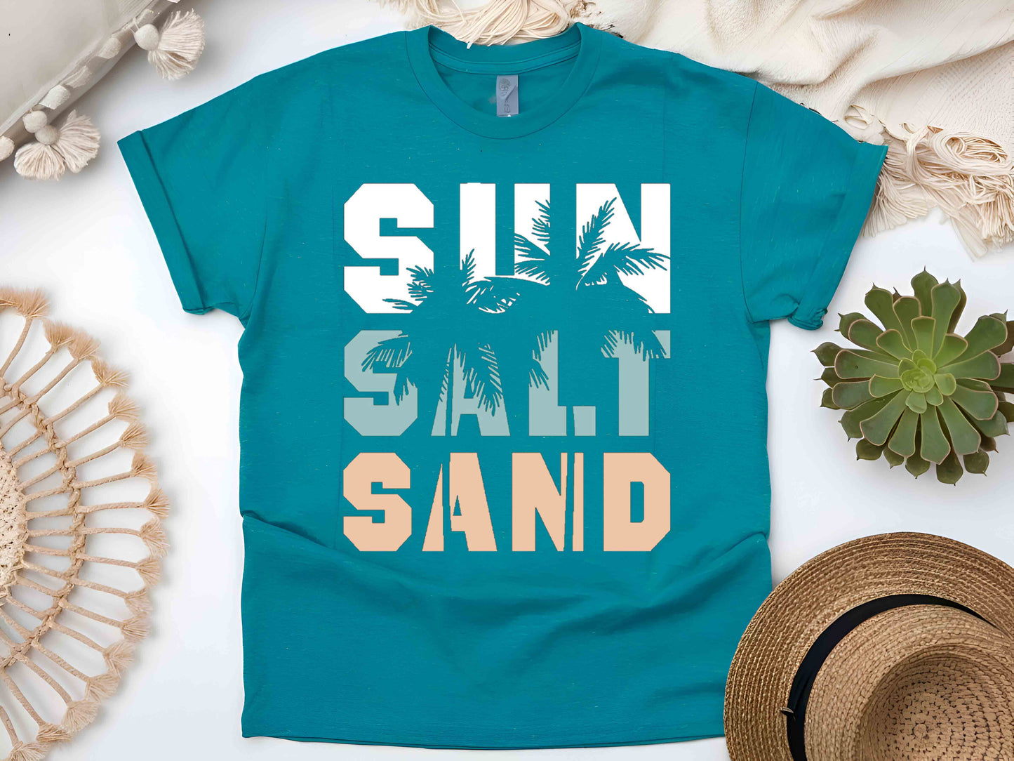 Sun Salt Sand Beach Shirt, Trendy Summer Vacation Tee, Coconut Tree Graphic, Women's Beachwear, Casual Summer Shirt