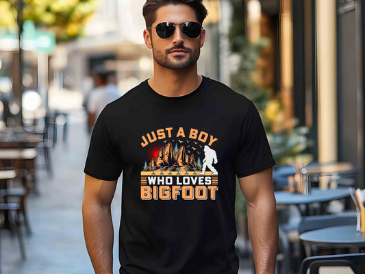 Bigfoot T-Shirt Just A Boy Who Loves Sasquatch Mythical Creature Nature Lover Cryptid Adventure Gift Tee