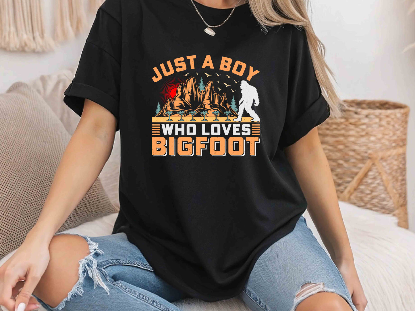 Bigfoot T-Shirt Just A Boy Who Loves Sasquatch Mythical Creature Nature Lover Cryptid Adventure Gift Tee