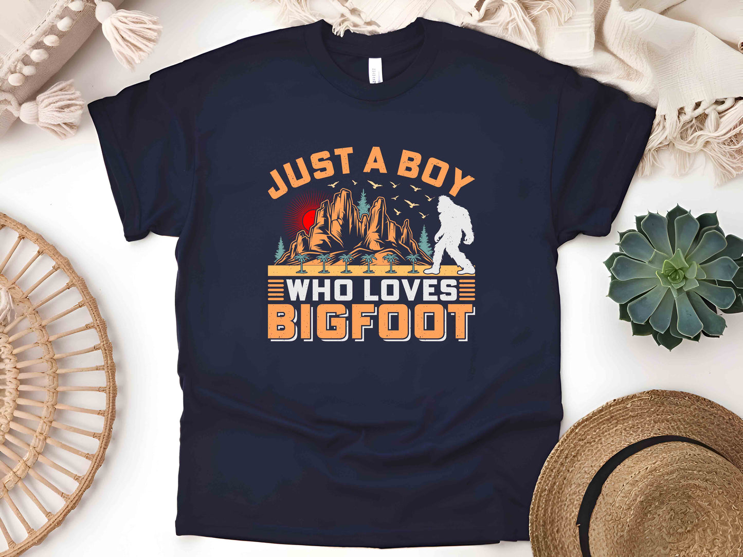 Bigfoot T-Shirt Just A Boy Who Loves Sasquatch Mythical Creature Nature Lover Cryptid Adventure Gift Tee