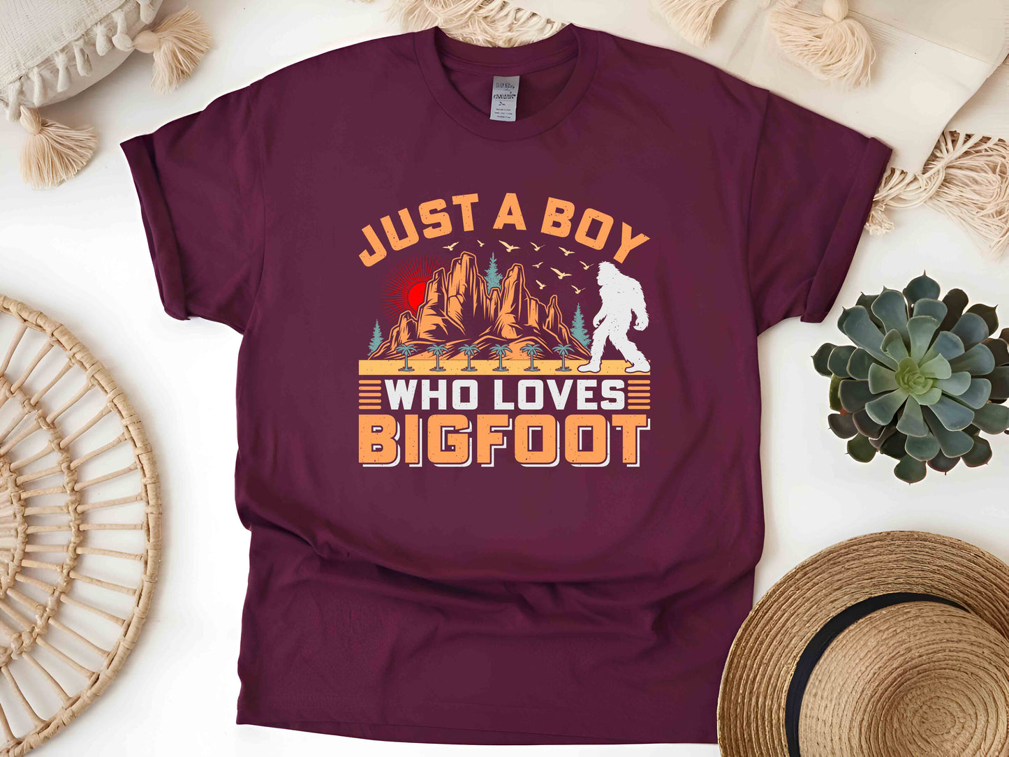 Bigfoot T-Shirt Just A Boy Who Loves Sasquatch Mythical Creature Nature Lover Cryptid Adventure Gift Tee