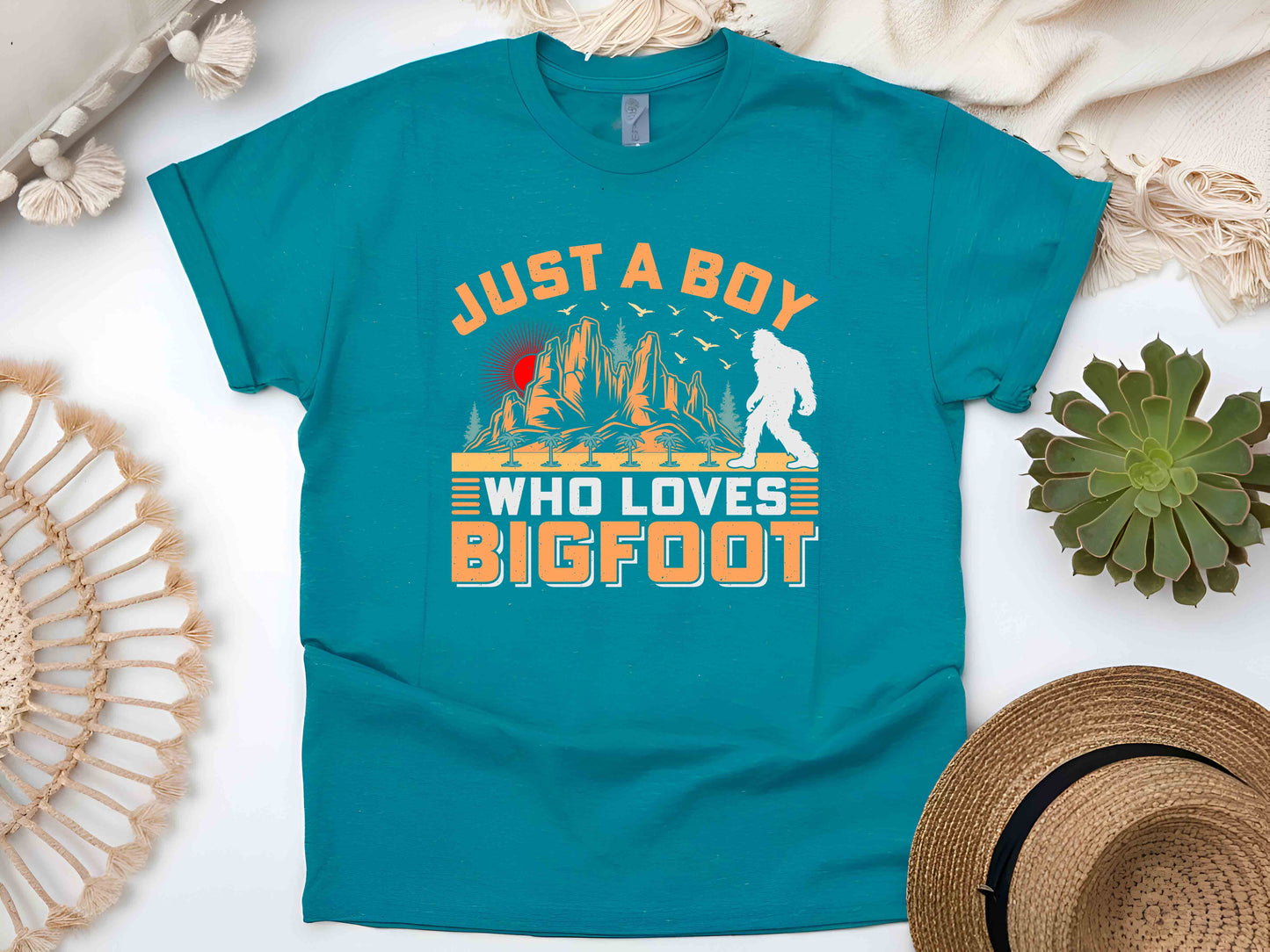 Bigfoot T-Shirt Just A Boy Who Loves Sasquatch Mythical Creature Nature Lover Cryptid Adventure Gift Tee