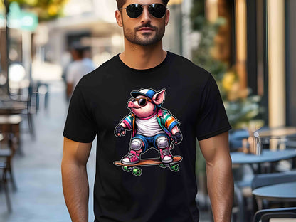 Skateboarding Pig T-Shirt, Fun Graphic Tee, Unisex Casual Wear, Skater Gift, Birthday Present, Streetwear Fashion