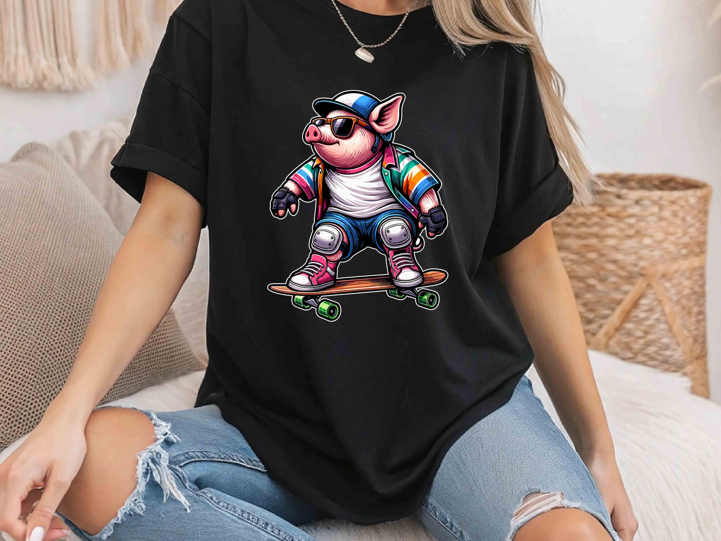 Skateboarding Pig T-Shirt, Fun Graphic Tee, Unisex Casual Wear, Skater Gift, Birthday Present, Streetwear Fashion