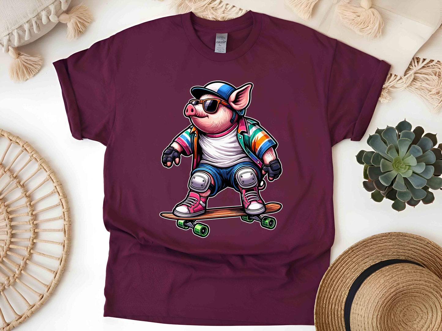 Skateboarding Pig T-Shirt, Fun Graphic Tee, Unisex Casual Wear, Skater Gift, Birthday Present, Streetwear Fashion