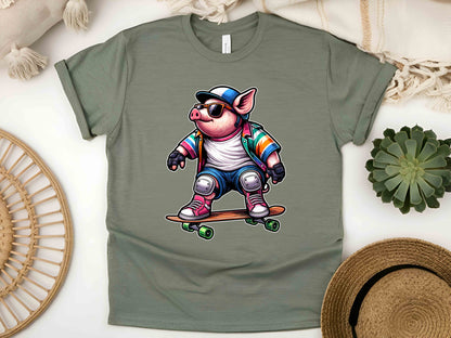 Skateboarding Pig T-Shirt, Fun Graphic Tee, Unisex Casual Wear, Skater Gift, Birthday Present, Streetwear Fashion