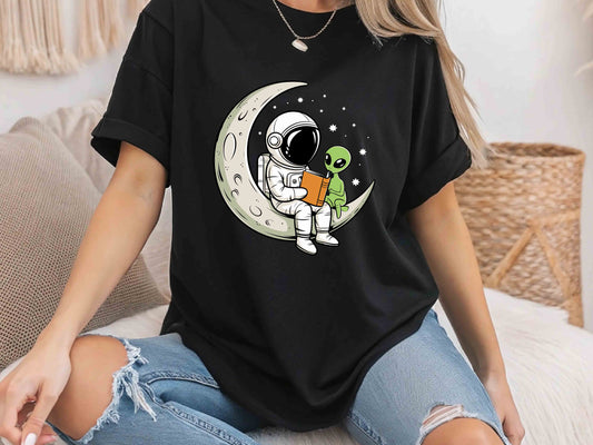 Astronaut and Alien Reading a Book T-Shirt, Space Lover Gift, Bookworm Tee, Astronomy Enthusiast Shirt, Reading in Space Graphic Tee