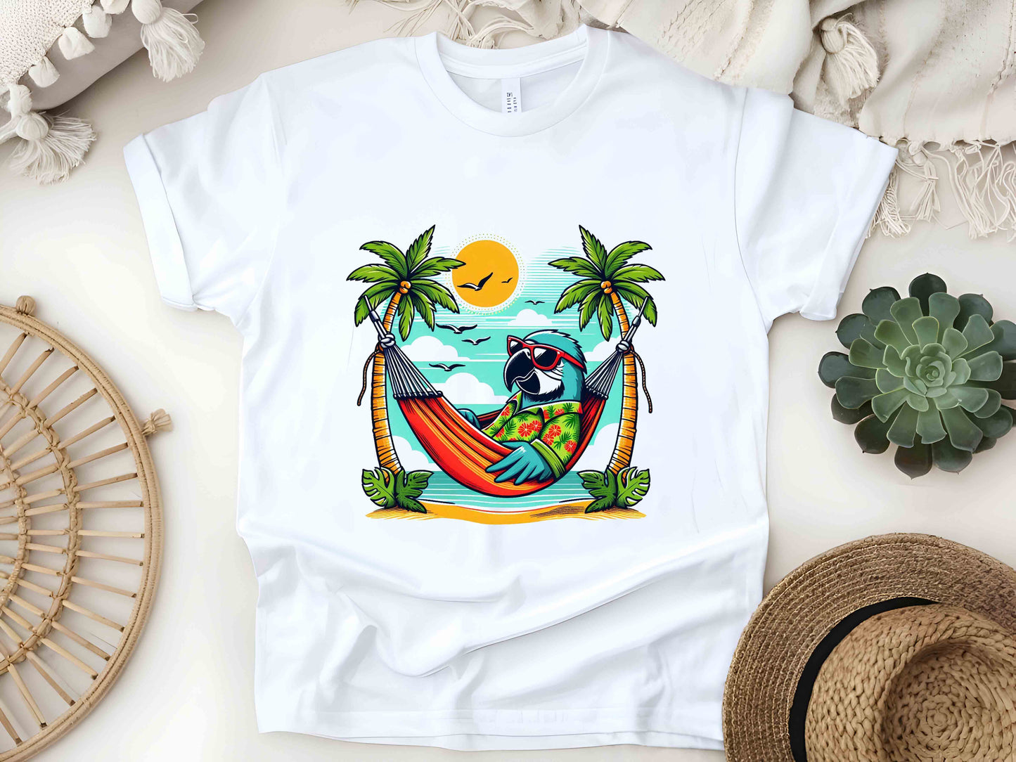 Beach Parrot T-Shirt, Tropical Parrot Summer Tee, Vacation Bird Lover Shirt, Fun Parrot Gift, Unisex Island Vibes Graphic Tee