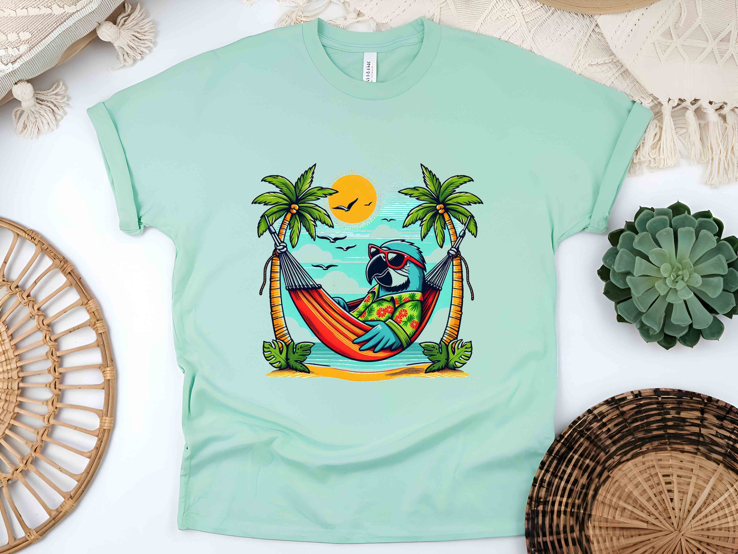 Beach Parrot T-Shirt, Tropical Parrot Summer Tee, Vacation Bird Lover Shirt, Fun Parrot Gift, Unisex Island Vibes Graphic Tee