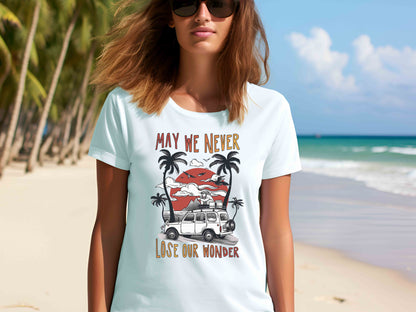 May We Never Lose Our Wonder Unisex Tee, Road Trip Shirt, Family Travel T-Shirt, Summer Adventure Tee, Vintage Car Trip Shirt