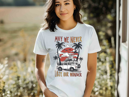 May We Never Lose Our Wonder Unisex Tee, Road Trip Shirt, Family Travel T-Shirt, Summer Adventure Tee, Vintage Car Trip Shirt