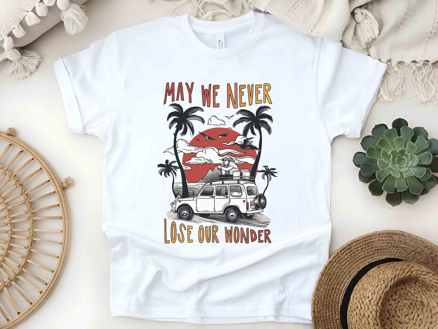 May We Never Lose Our Wonder Unisex Tee, Road Trip Shirt, Family Travel T-Shirt, Summer Adventure Tee, Vintage Car Trip Shirt