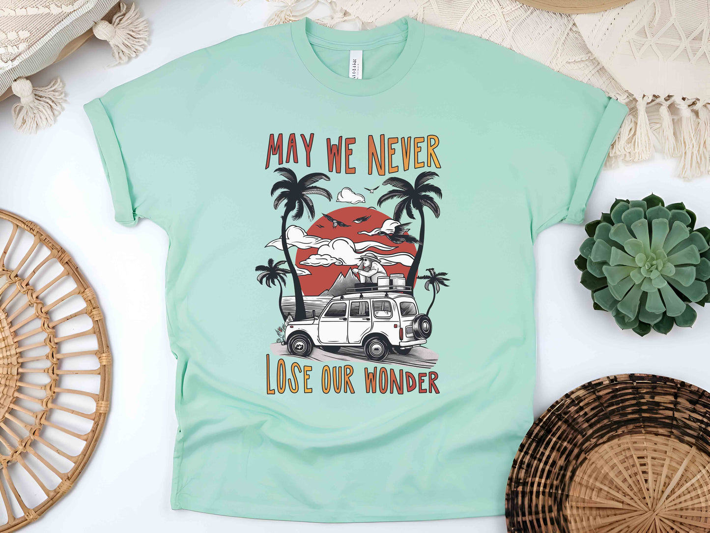 May We Never Lose Our Wonder Unisex Tee, Road Trip Shirt, Family Travel T-Shirt, Summer Adventure Tee, Vintage Car Trip Shirt