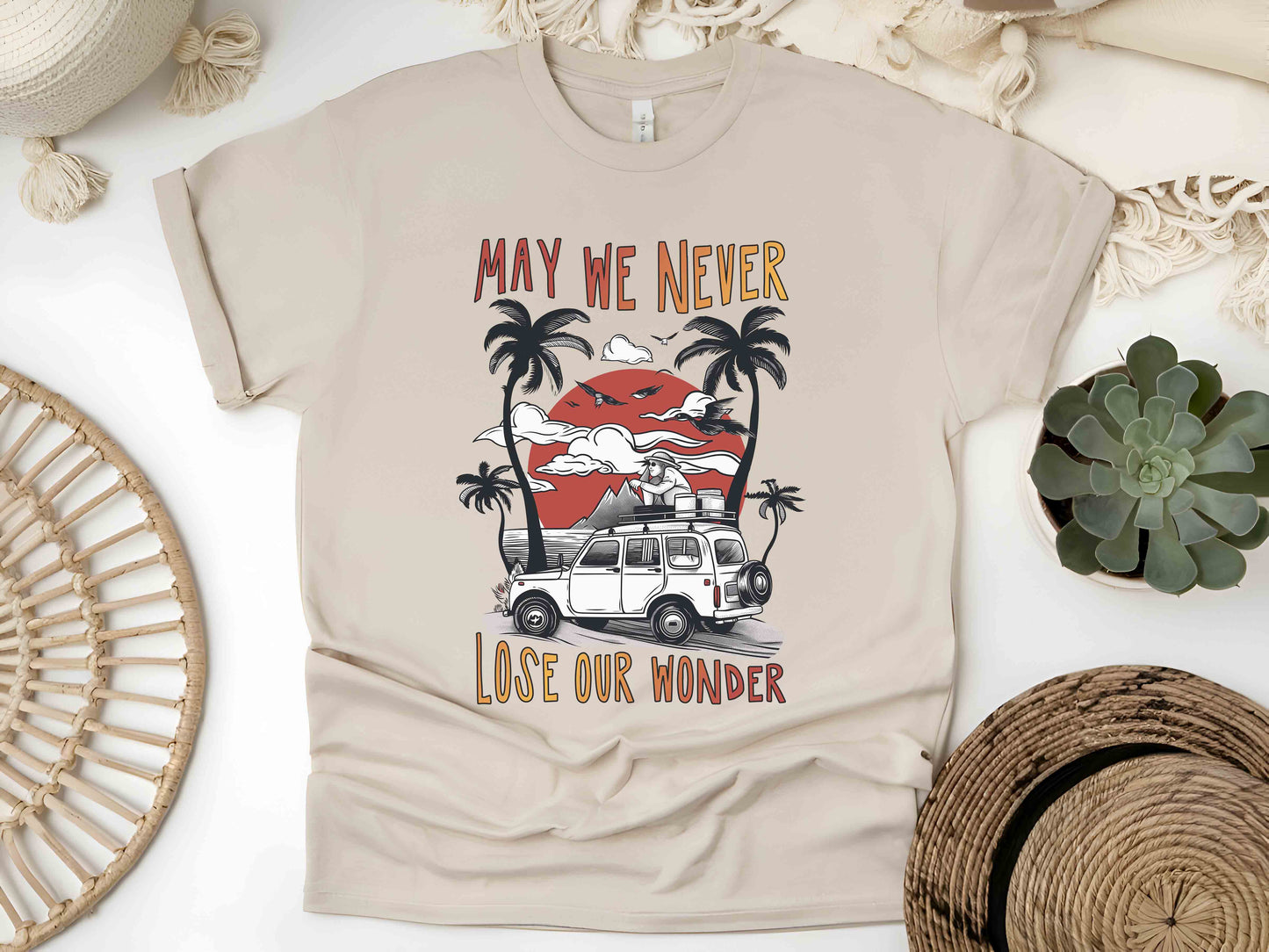 May We Never Lose Our Wonder Unisex Tee, Road Trip Shirt, Family Travel T-Shirt, Summer Adventure Tee, Vintage Car Trip Shirt