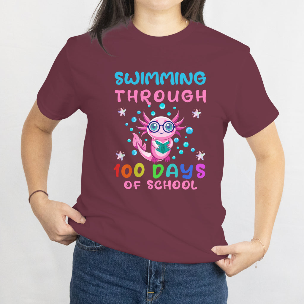 Swimming Through 100 Days of School Kids Girls Funny Axolotl T-Shirt