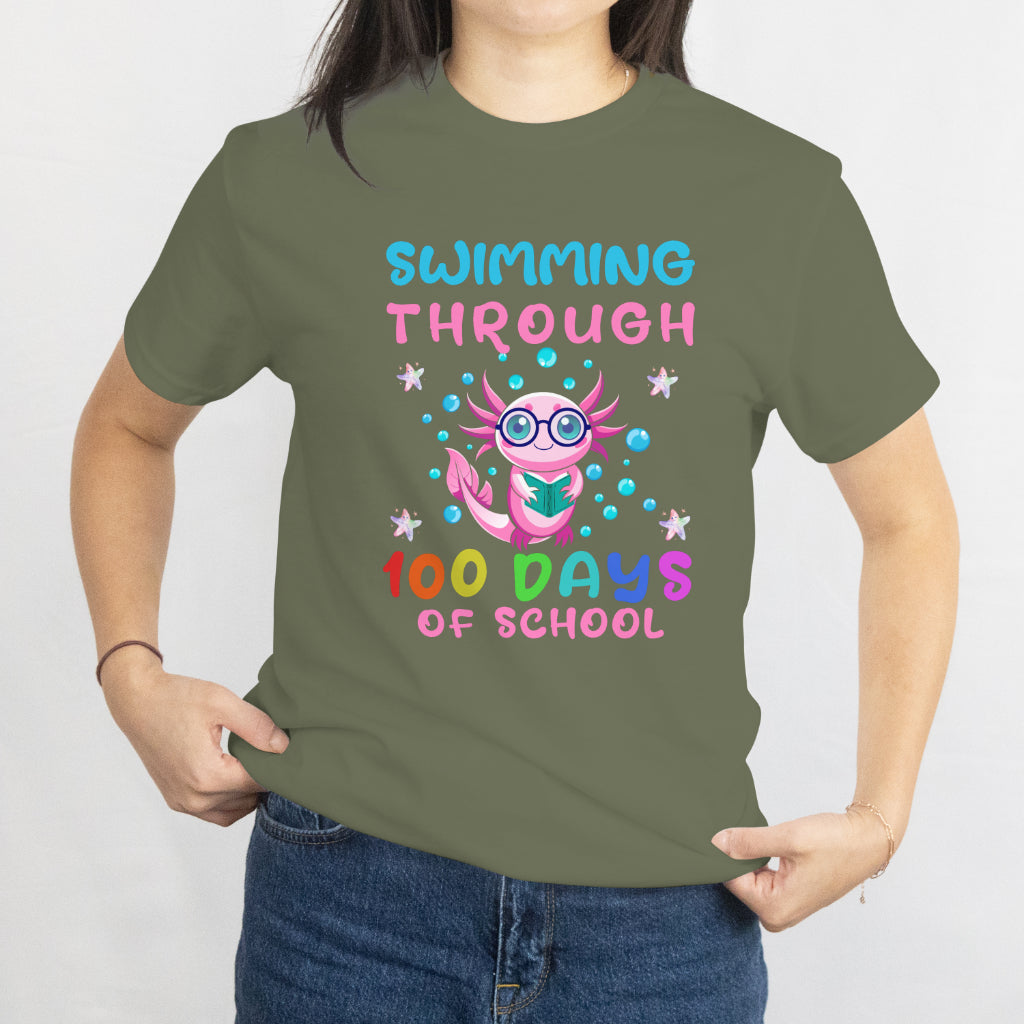 Swimming Through 100 Days of School Kids Girls Funny Axolotl T-Shirt