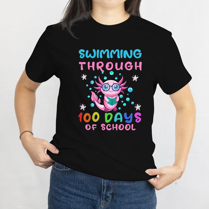 Swimming Through 100 Days of School Kids Girls Funny Axolotl T-Shirt