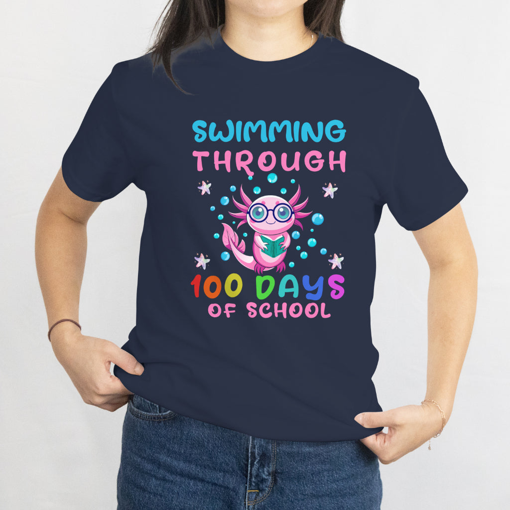 Swimming Through 100 Days of School Kids Girls Funny Axolotl T-Shirt