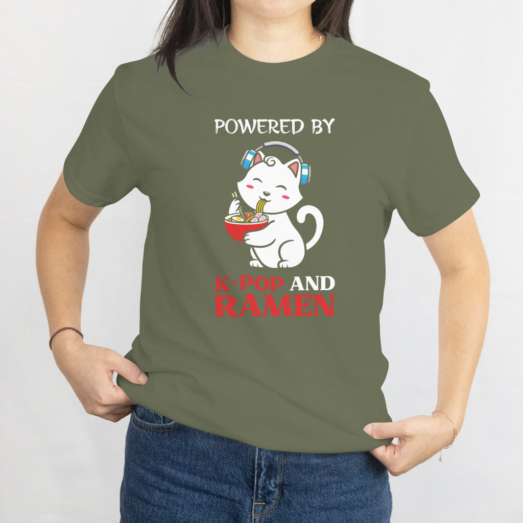 Powered by K-Pop and Ramen T-Shirt - Funny K-Pop Fan & Food Lover Tee