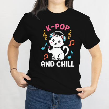 K-Pop and Chill T-Shirt - Cute Cat Finger Heart Music Lover Tee