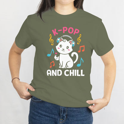 K-Pop and Chill T-Shirt - Cute Cat Finger Heart Music Lover Tee