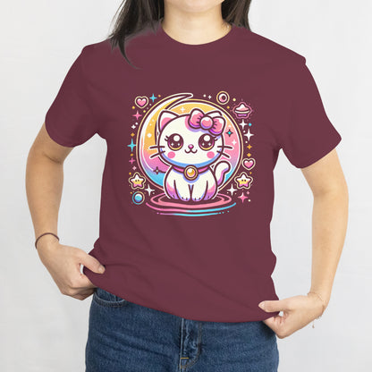 Kawaii Space Cat T-Shirt - Cute Galaxy Kitty Design with Bow - Adorable Cat Lover Gift