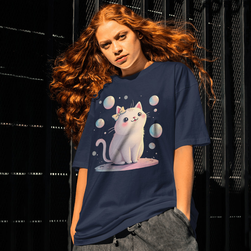 Cute Cat T-Shirt - Adorable Kitty with Bubbles Design - Kawaii Cat Lover Gift - Unisex Tee for Cat Fans