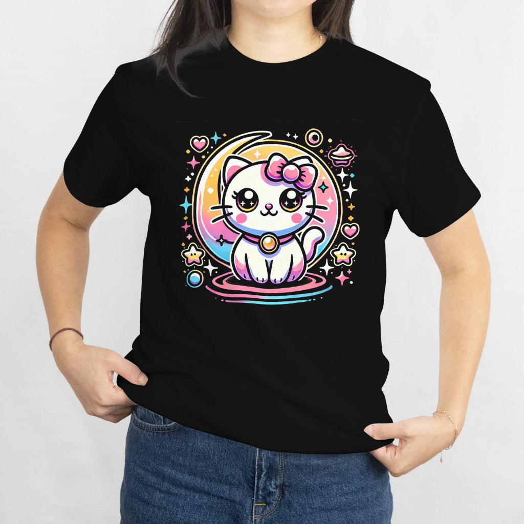 Kawaii Space Cat T-Shirt - Cute Galaxy Kitty Design with Bow - Adorable Cat Lover Gift